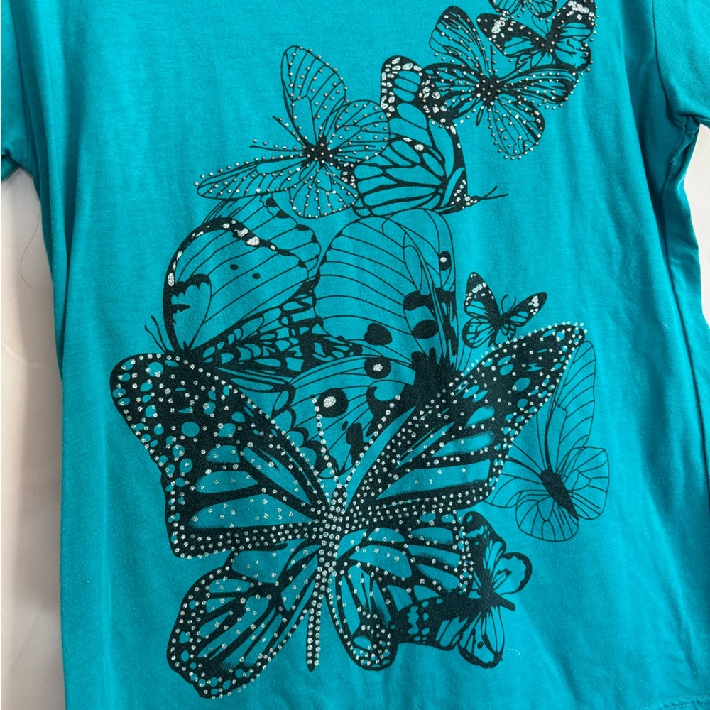 Teal Butterfly Graphic Rhinestone Tee Womens Short Sleeve Tee - Picture 2 of 5